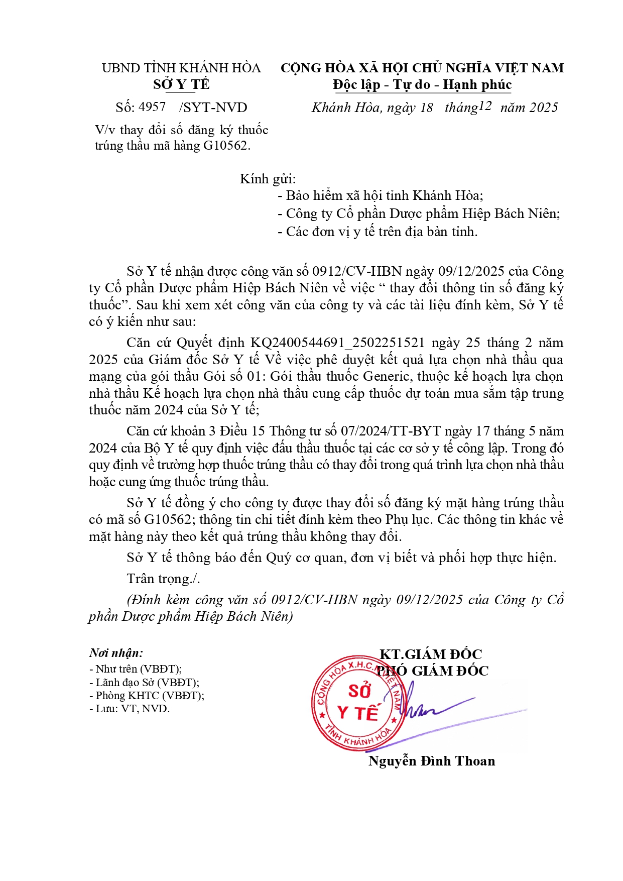 V/v thay đổi số đăng ký thuốc trúng thầu mã hàng G10562.